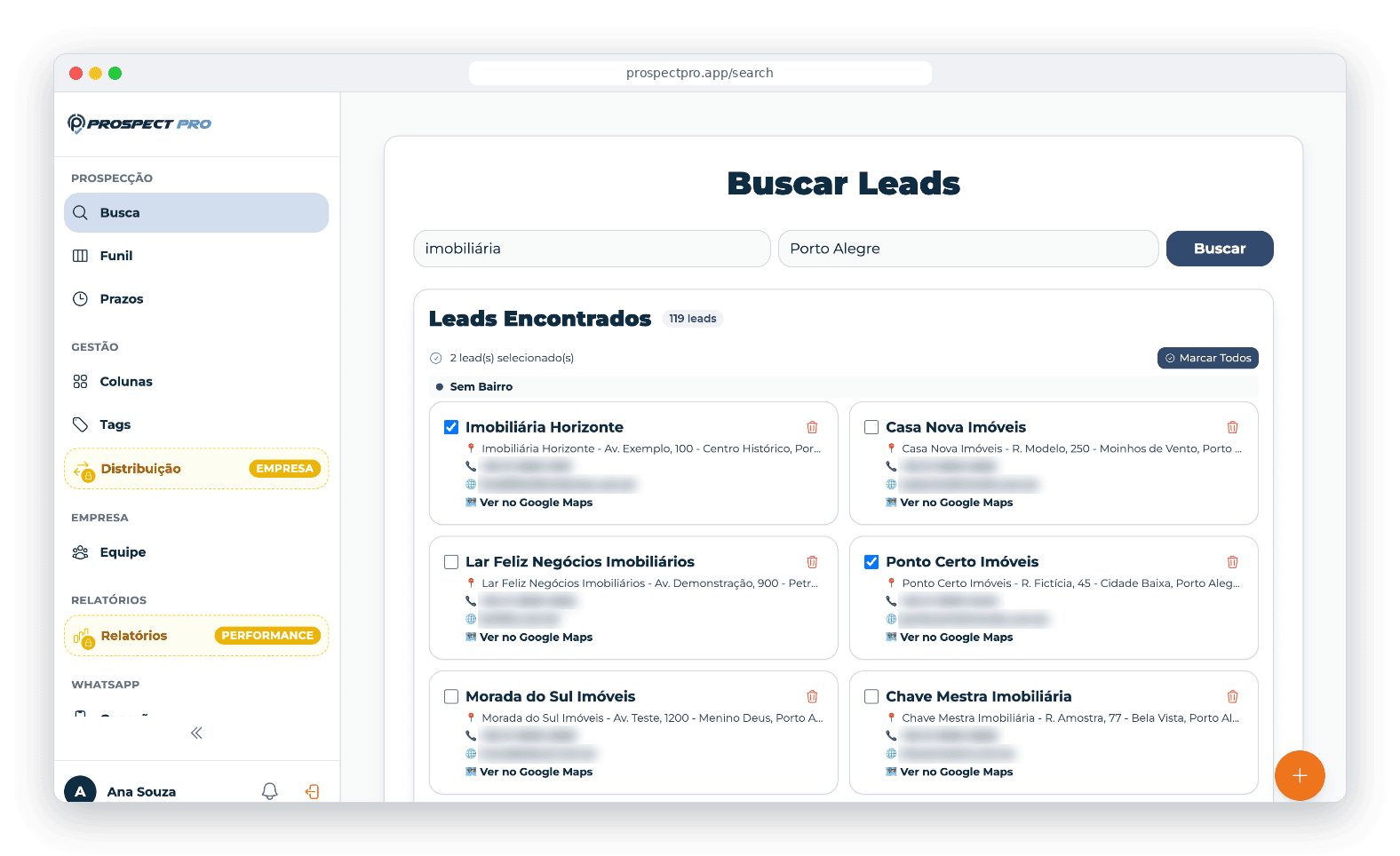 Buscador de leads do ProspectPro: busca por imobiliária em Porto Alegre com os resultados no mapa