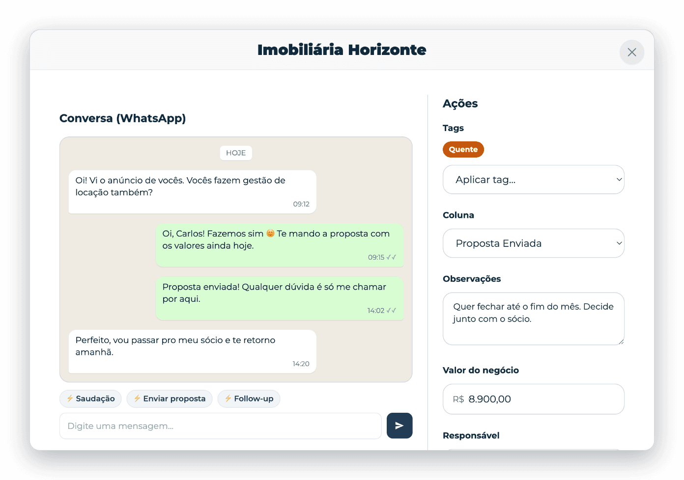 Ficha do lead no ProspectPro com a conversa, mensagens prontas, etiqueta, etapa, valor e responsável
