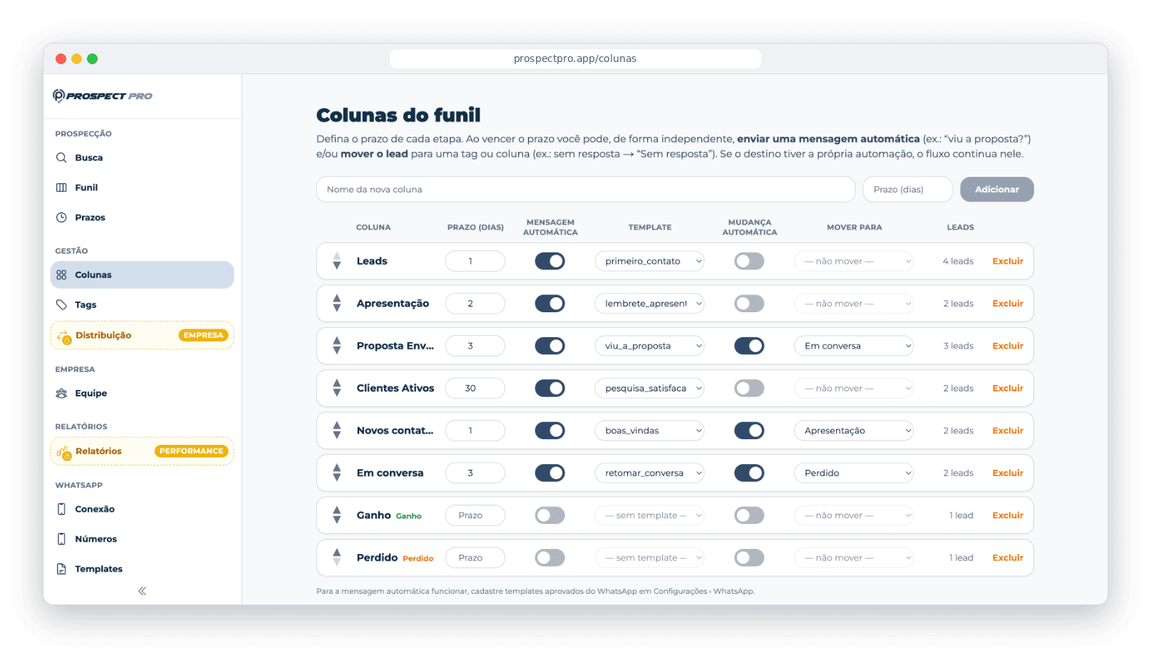 Configuração da régua de follow-up: prazo por etapa, mensagem automática e mudança automática de coluna